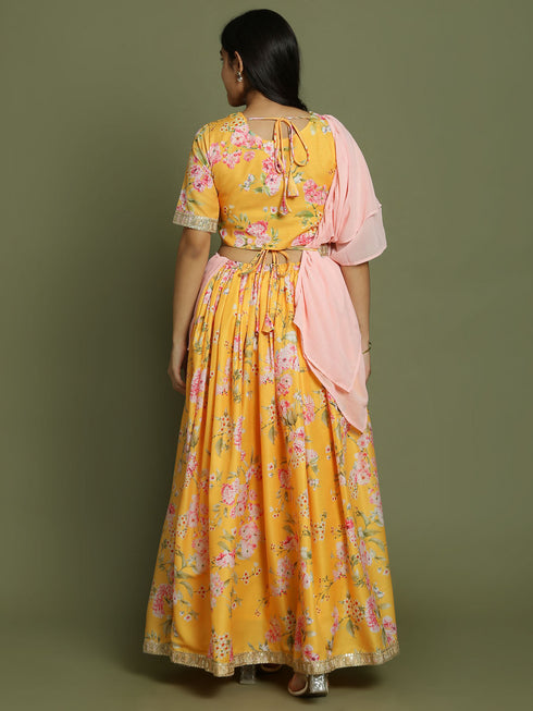 Girl's Yellow Floral Print Crop Top & Lehenga Set With Dupatta